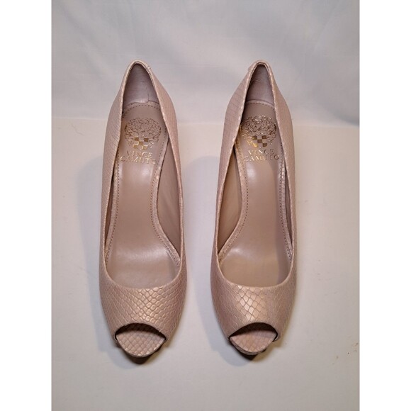 Vince Camuto Size 7B Kira Peep Toe Snakeskin Natural Pearl Heels 3" Leather - Picture 2 of 10